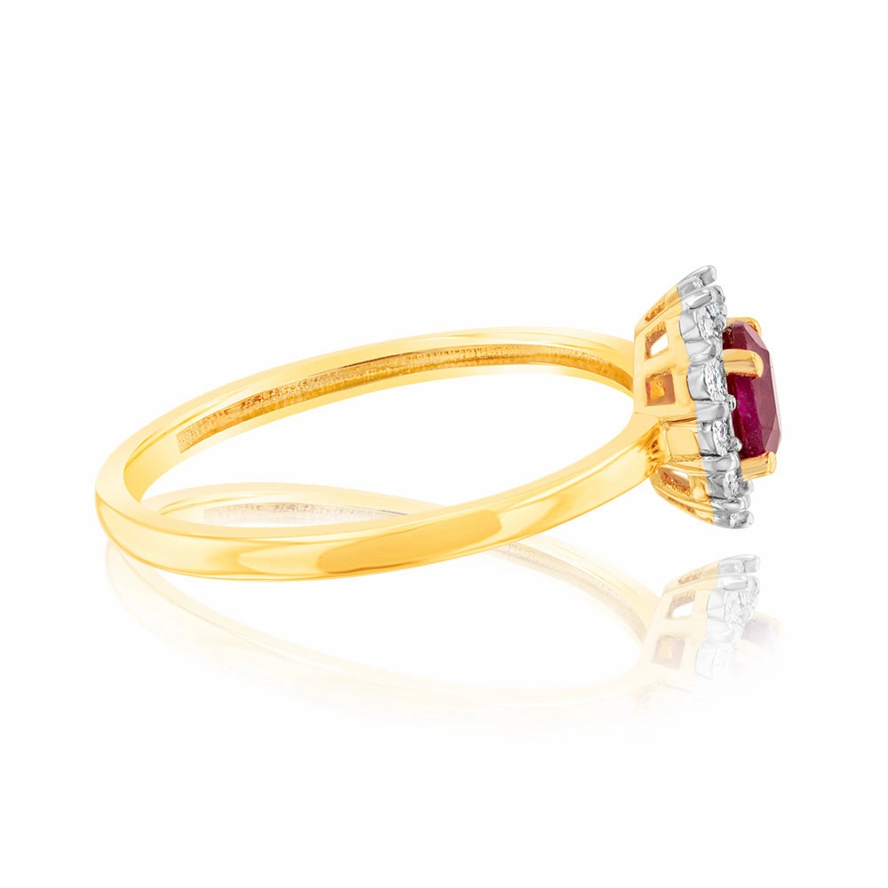 0.39 Carat Created Ruby Oval Shaped and Diamond Ring in 9ct Yellow Gold