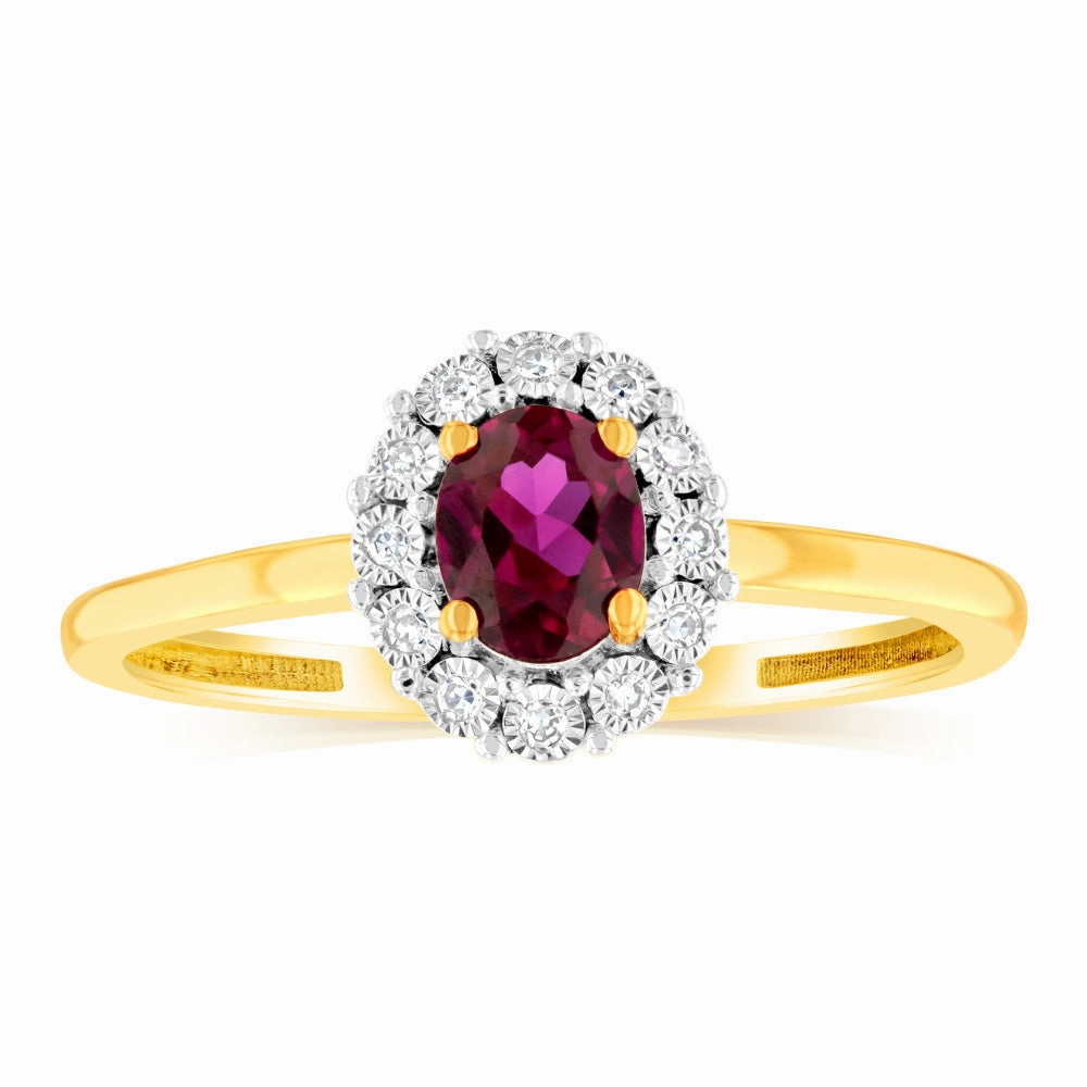 0.39 Carat Created Ruby Oval Shaped and Diamond Ring in 9ct Yellow Gold