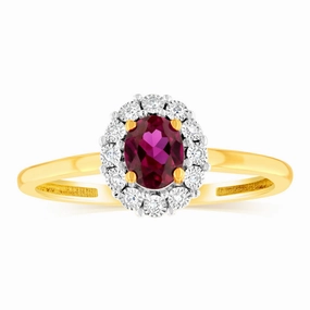 0.39 Carat Created Ruby Oval Shaped and Diamond Ring in 9ct Yellow Gold