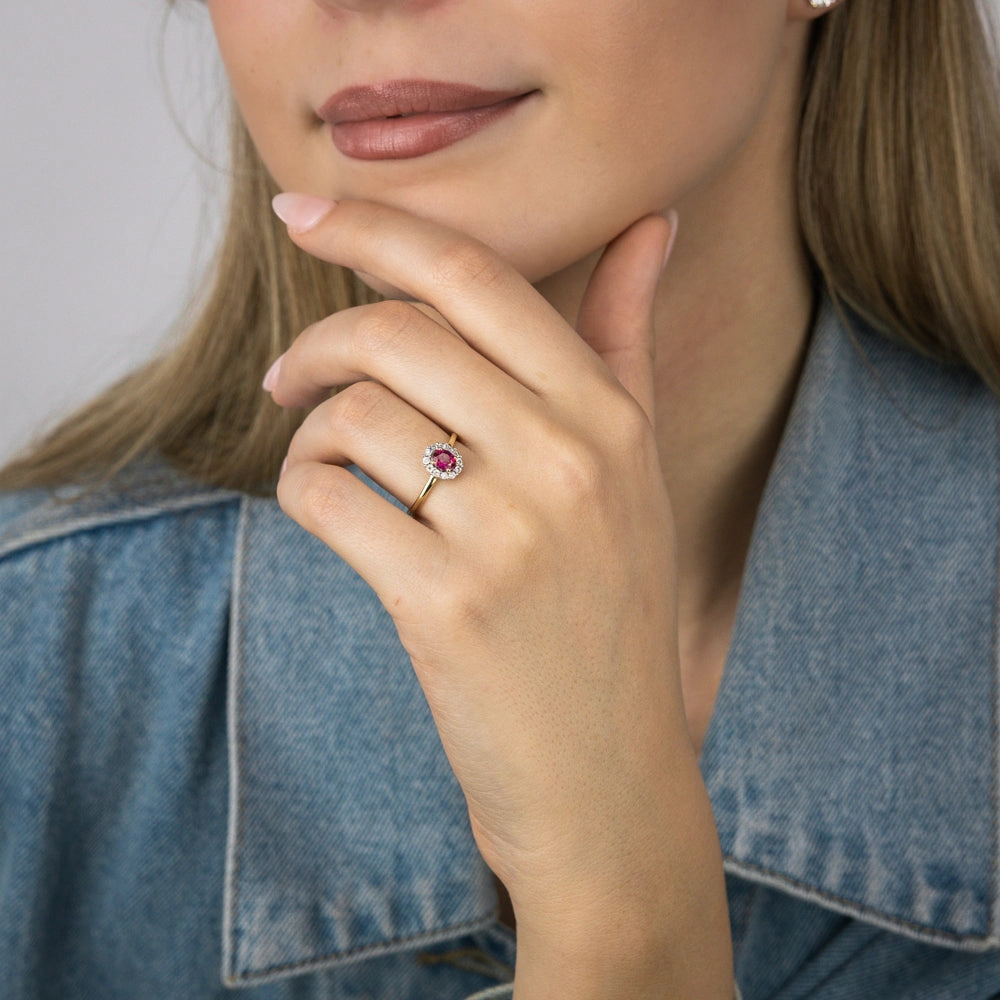 0.39 Carat Created Ruby Oval Shaped and Diamond Ring in 9ct Yellow Gold