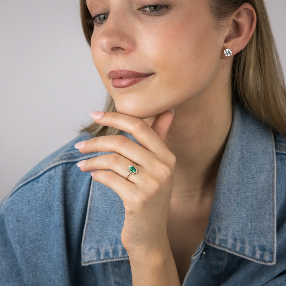 0.40 Carat Created Emerald Oval and Diamond Ring in 9ct Yellow Gold