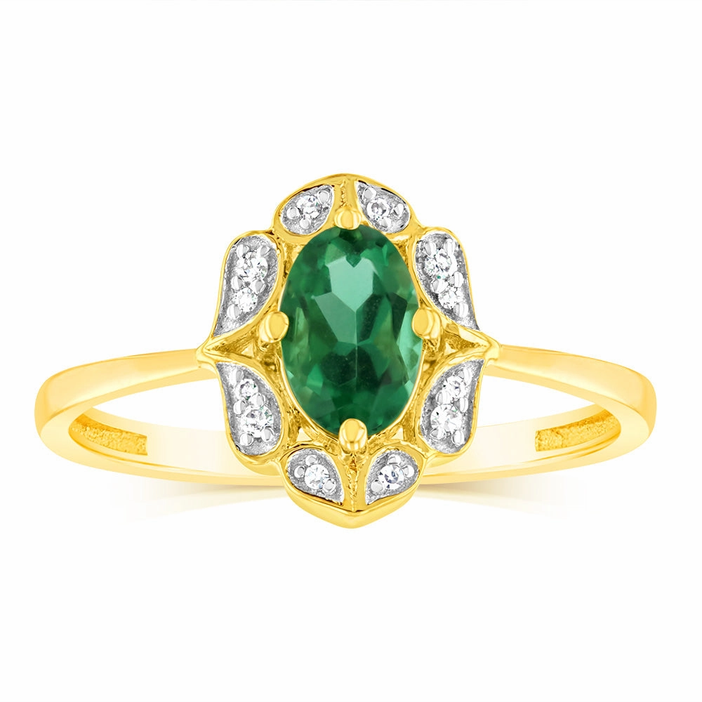 0.40 Carat Created Emerald Oval and Diamond Ring in 9ct Yellow Gold