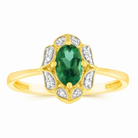 0.40 Carat Created Emerald Oval and Diamond Ring in 9ct Yellow Gold