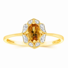0.44 Carat Citrine Oval and Diamond Ring in 9ct Yellow Gold