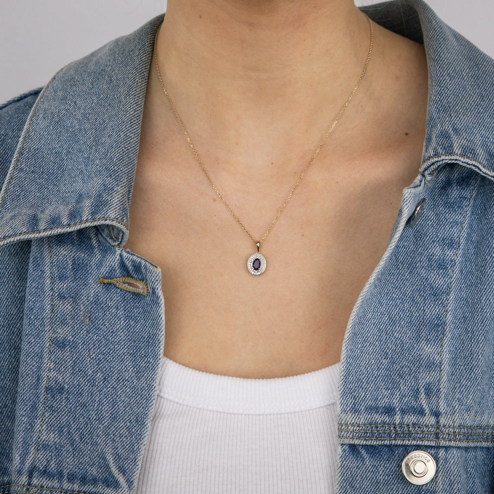 0.46 Carat Amethyst and Diamond Pendant with 45cm Chain in 9ct Yellow Gold
