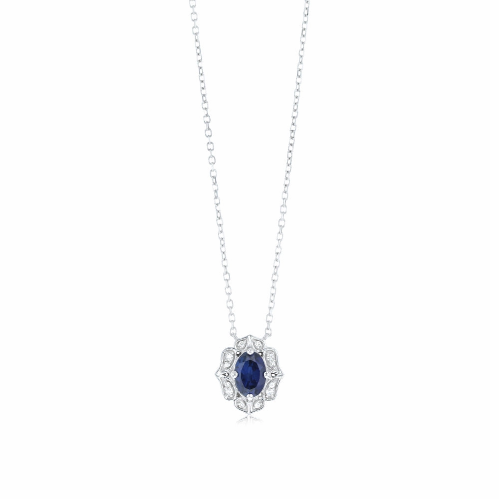 0.50 Carat Created Blue Sapphire Oval and Diamond Pendant with 45cm Chain in 9ct White Gold