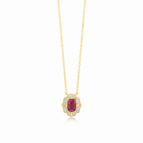0.50 Carat Created Ruby Oval and Diamond Pendant with 45cm Chain in 9ct Yellow Gold