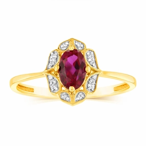 0.50 Carat Created Ruby Oval and Diamond Ring in 9ct Yellow Gold