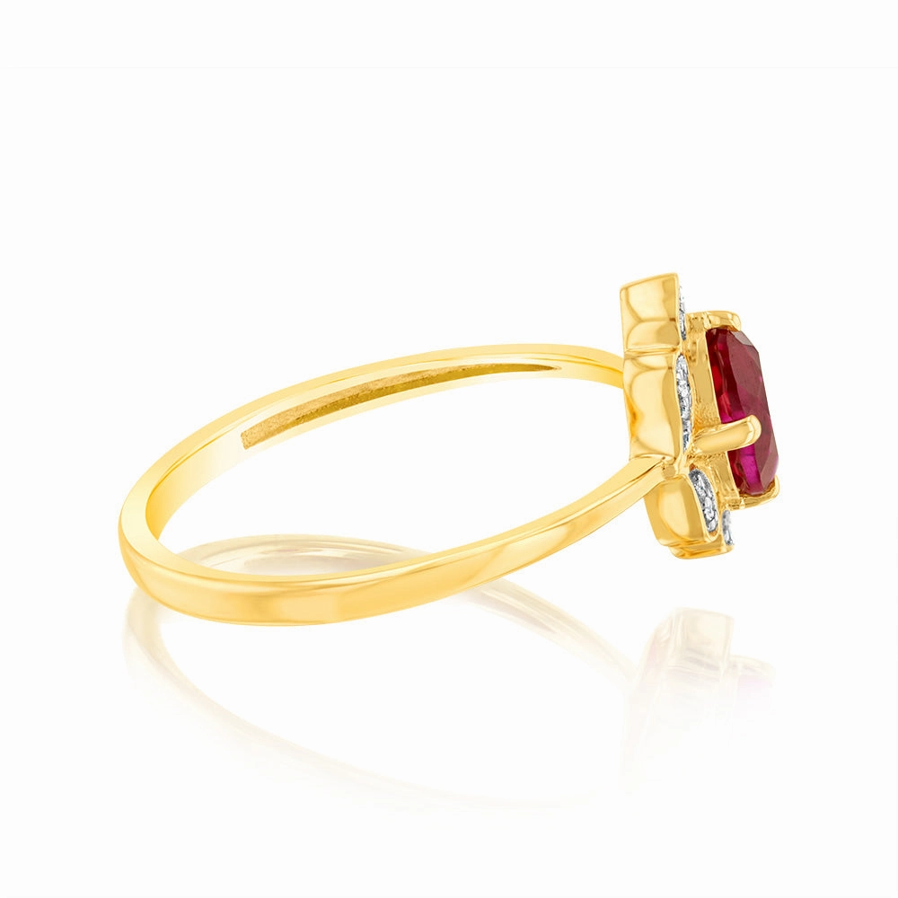 0.50 Carat Created Ruby Oval and Diamond Ring in 9ct Yellow Gold