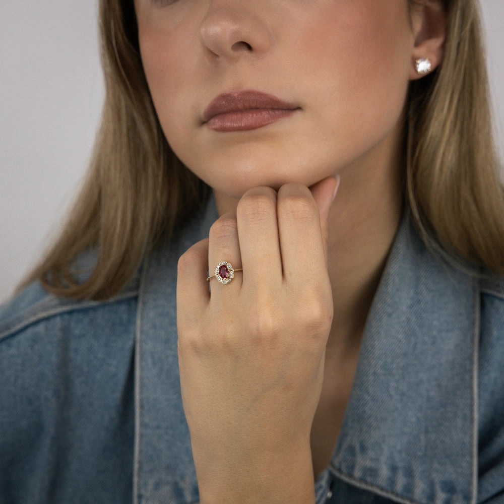 0.50 Carat Created Ruby Oval and Diamond Ring in 9ct Yellow Gold