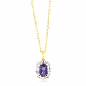 0.54 Carat Amethyst and Diamond Pendant with 45cm Chain in 9ct Yellow Gold