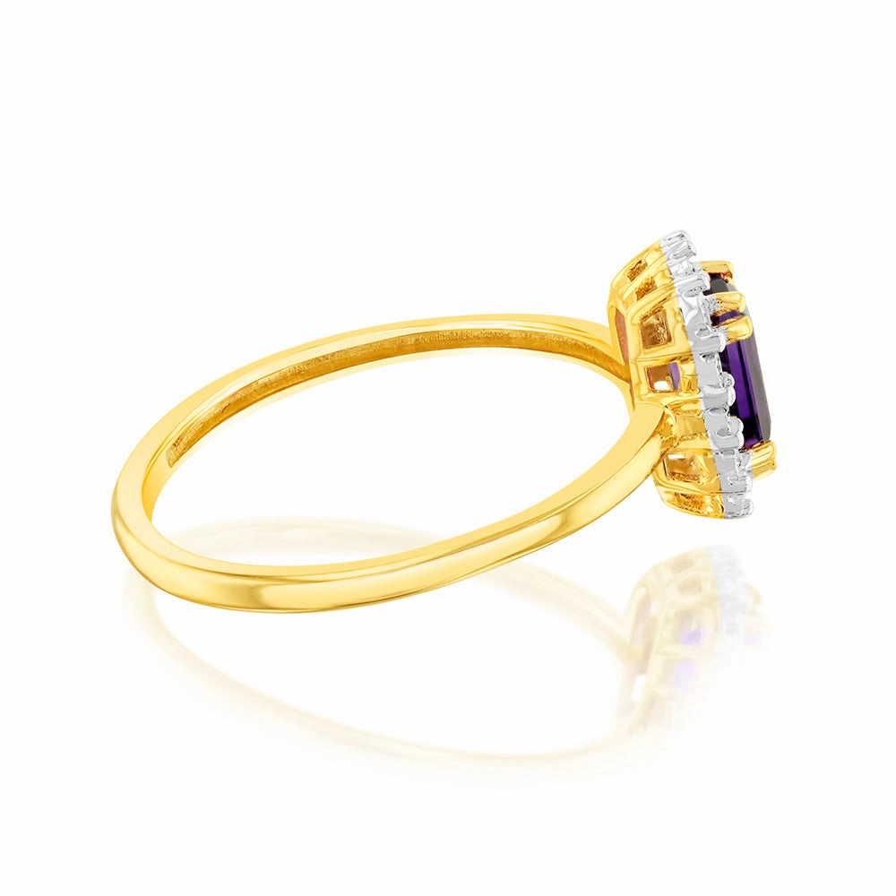 0.54 Carat Amethyst and Diamond Ring in 9ct Yellow Gold