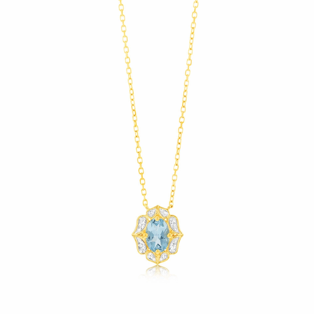 0.55 Carat Blue Topaz Oval and Diamond Pendant with 45m Chain in 9ct Yellow Gold