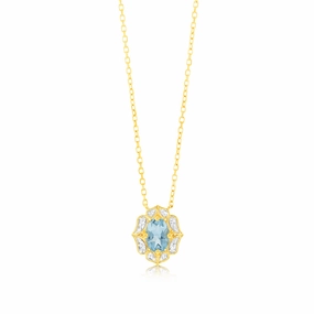 0.55 Carat Blue Topaz Oval and Diamond Pendant with 45m Chain in 9ct Yellow Gold