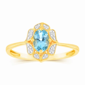 0.55 Carat Blue Topaz Oval and Diamond Ring in 9ct Yellow Gold
