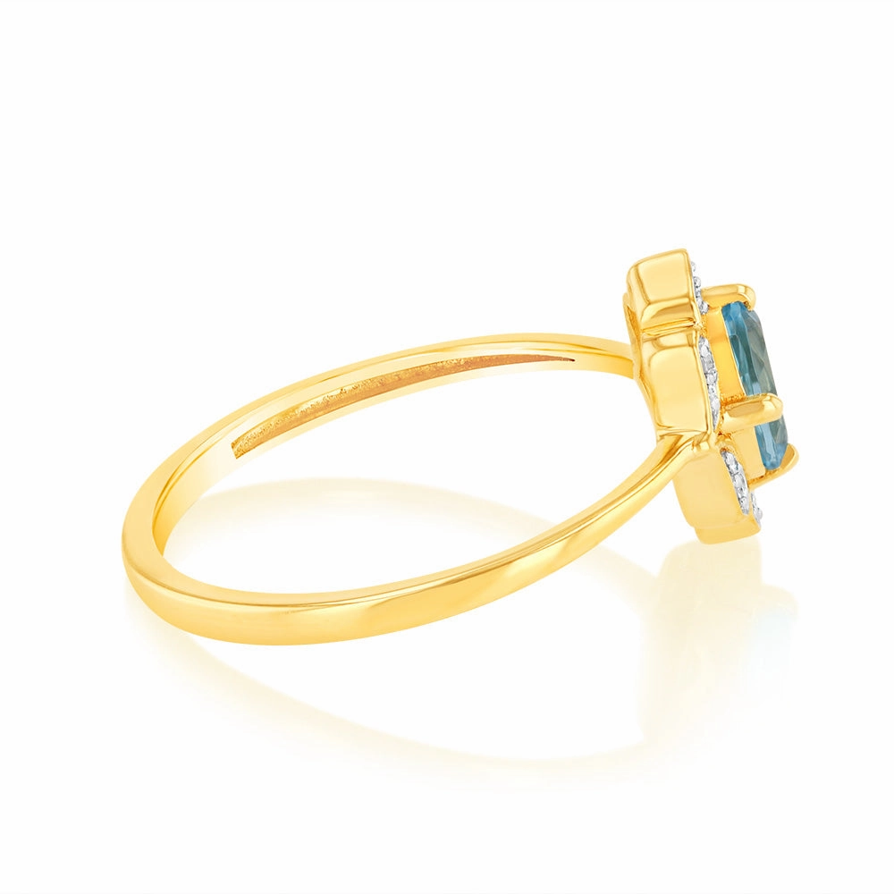 0.55 Carat Blue Topaz Oval and Diamond Ring in 9ct Yellow Gold