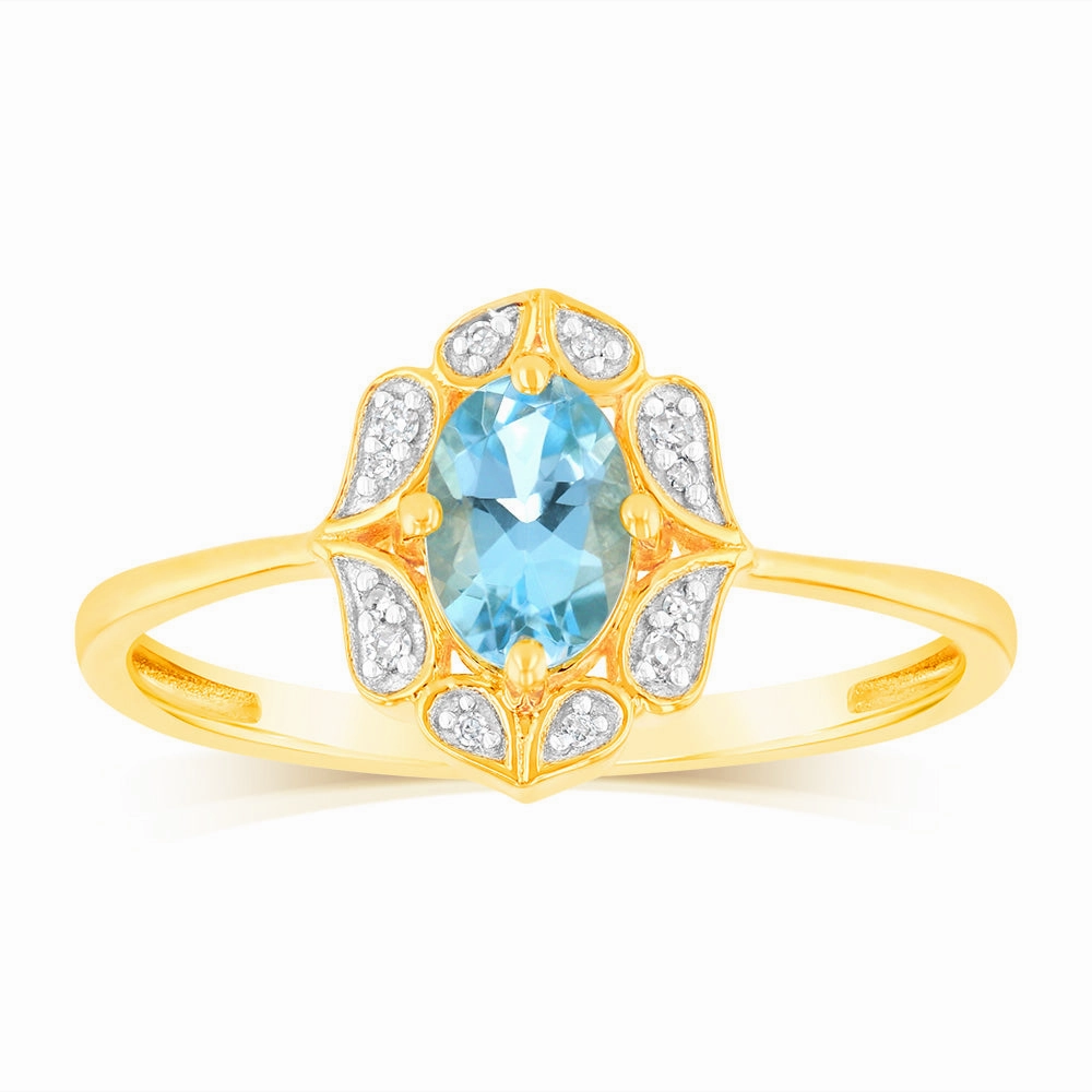 0.55 Carat Blue Topaz Oval and Diamond Ring in 9ct Yellow Gold