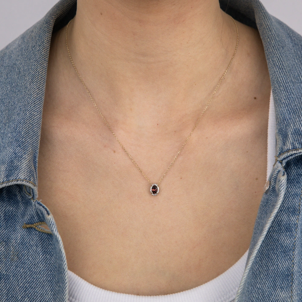 0.56 Carat Red Garnet Oval and Diamond Pendant with 45cm Chain in 9ct Yellow Gold
