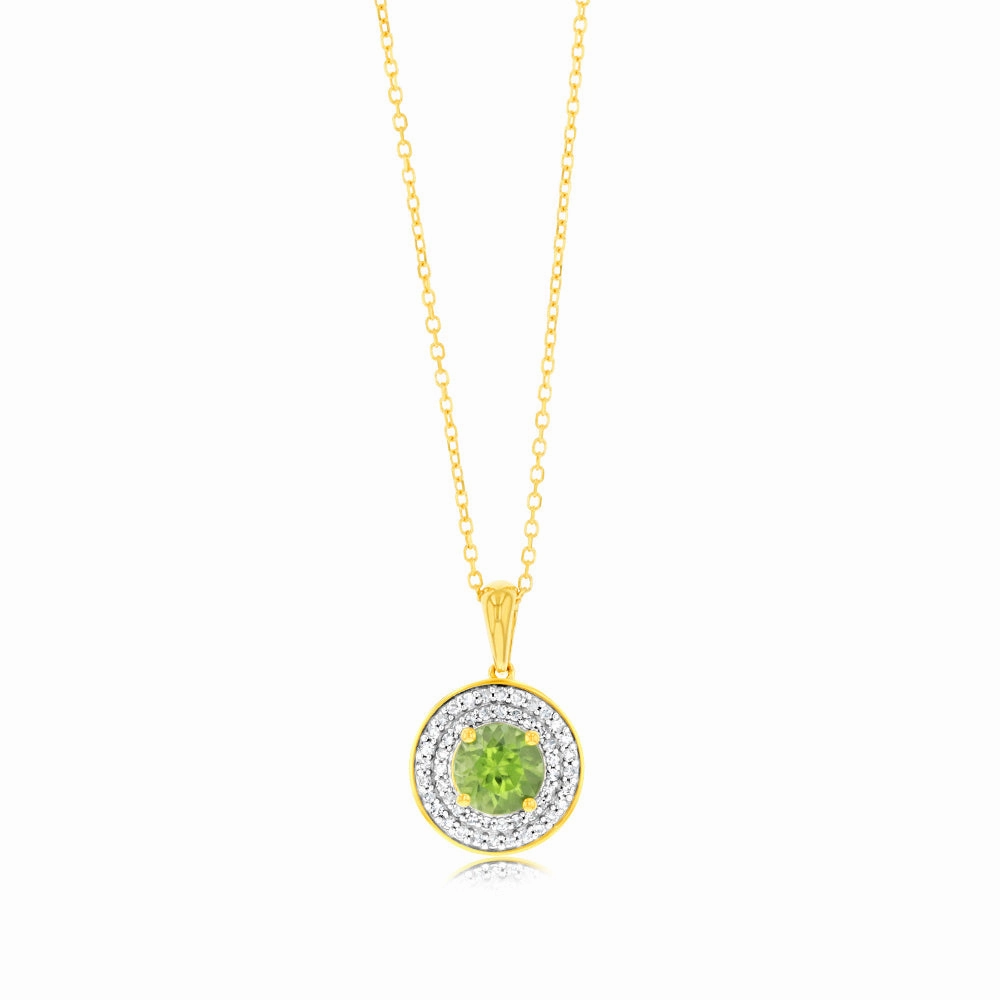 0.87 Carat Peridot and Diamond Pendant with 45cm Chain in 9ct Yellow Gold