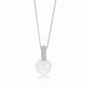 10-11mm White South Sea Pearl Pendant with Pave Zirconia Bale on 45cm Chain in Sterling Silver
