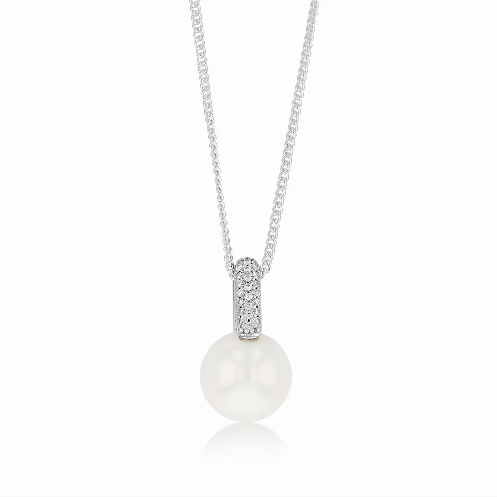 10-11mm White South Sea Pearl Pendant with Pave Zirconia Bale on 45cm Chain in Sterling Silver