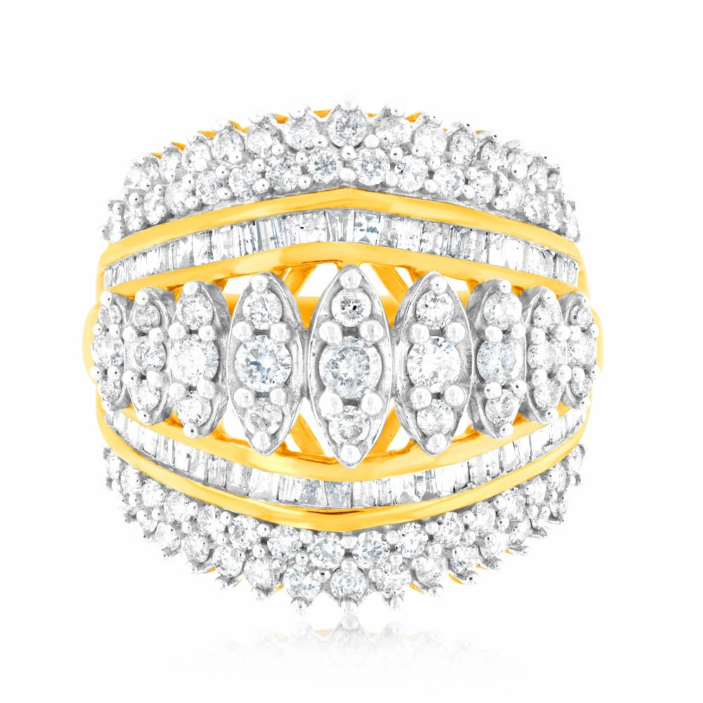 10ct Yellow Gold 2 Carat Diamond Ring with Taper and Round Brilliant Cut Diamonds