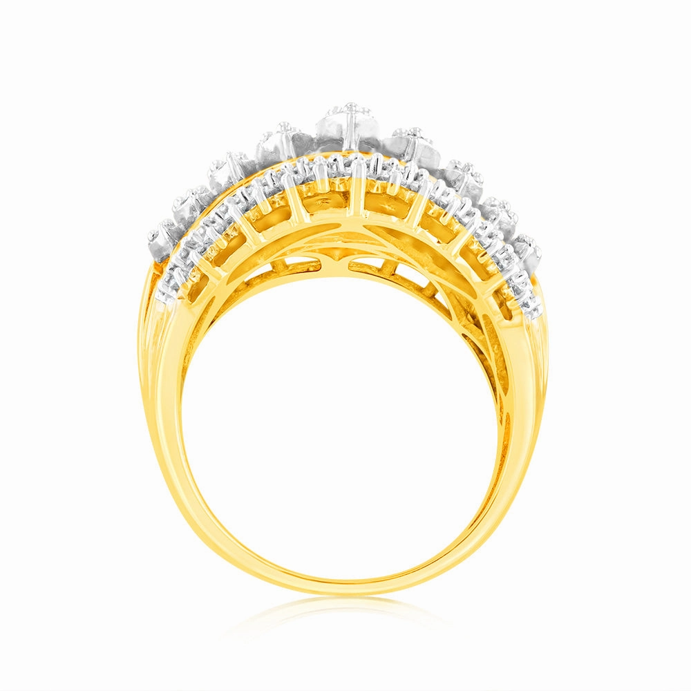 10ct Yellow Gold 2 Carat Diamond Ring with Taper and Round Brilliant Cut Diamonds