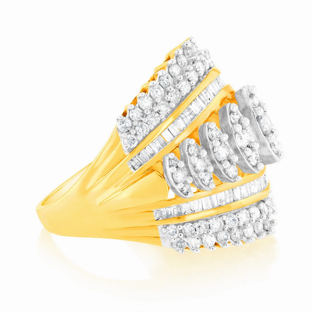 10ct Yellow Gold 2 Carat Diamond Ring with Taper and Round Brilliant Cut Diamonds