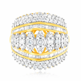 10ct Yellow Gold 2 Carat Diamond Ring with Taper and Round Brilliant Cut Diamonds