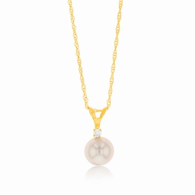 10ct Yellow Gold 7-8MM Fresh Water Pearl with Diamond Pendant