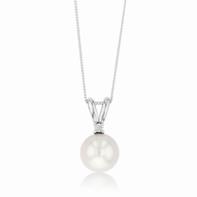 11-12mm White South Pearl and Zirconia Pendant on 45cm Chain in Sterling Silver