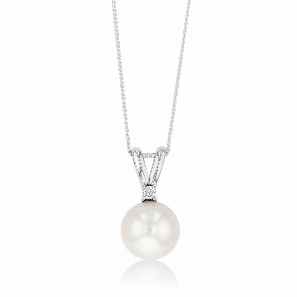 11-12mm White South Pearl and Zirconia Pendant on 45cm Chain in Sterling Silver