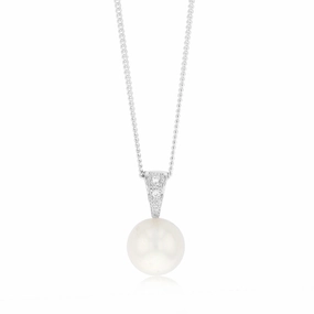 11-12mm White South Sea Pearl and Diamond Pendant on 45cm Chain in Sterling Silver