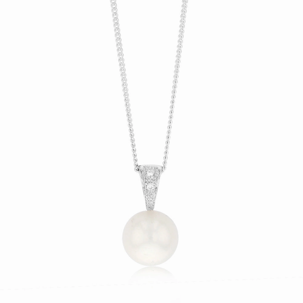 11-12mm White South Sea Pearl and Diamond Pendant on 45cm Chain in Sterling Silver