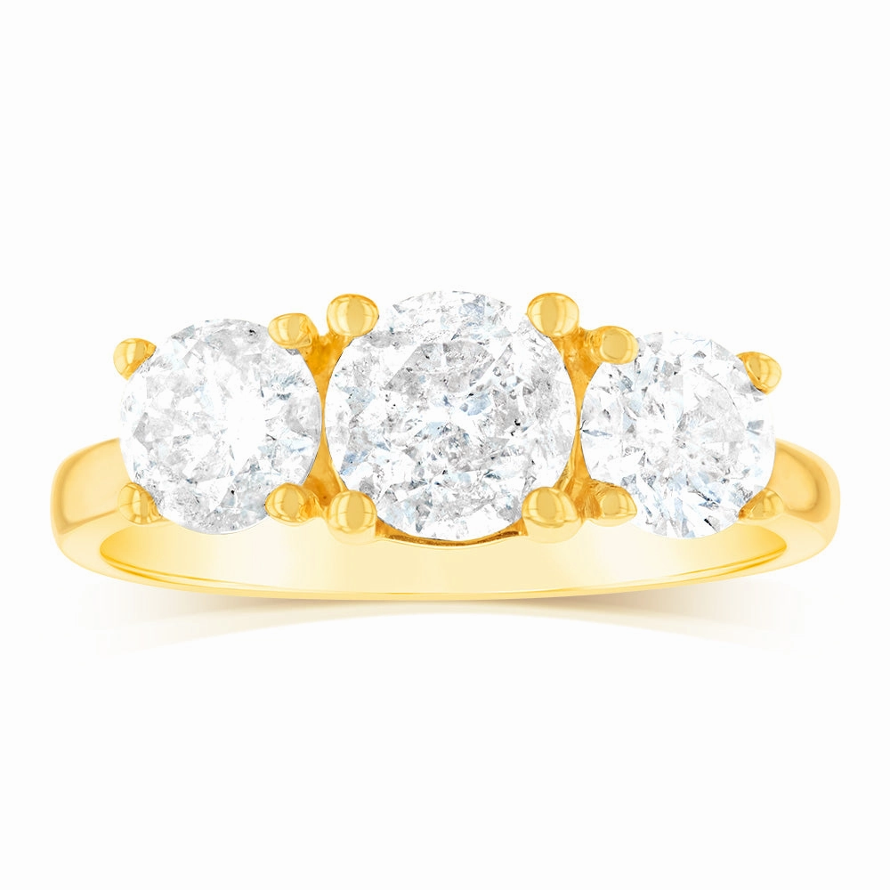14ct Yellow Gold 2 Carat Diamond Trilogy Ring with 3 Round Brilliant Cut Diamonds
