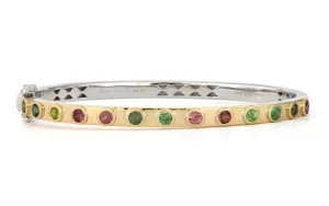 14KYG/STSLVR MULTI-COLOR TOURM, 0.46CT GSI DIA FLIP BANGLE