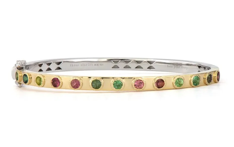14KYG/STSLVR MULTI-COLOR TOURM, 0.46CT GSI DIA FLIP BANGLE