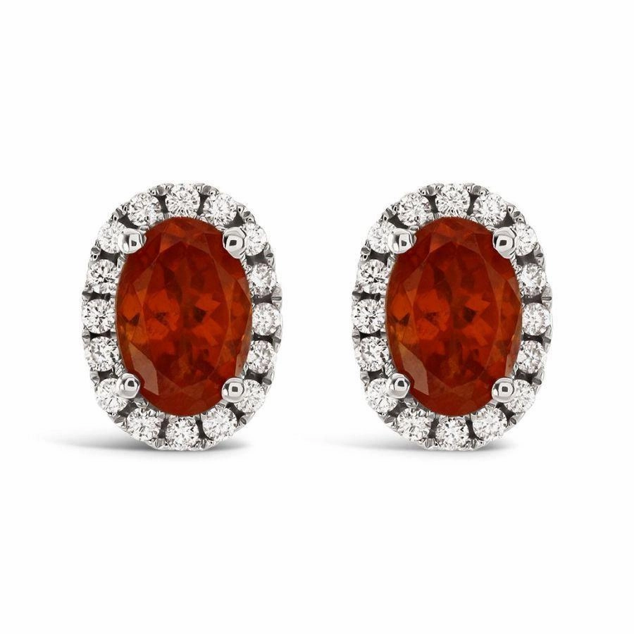 18ct White Gold Oval Mandarin Garnet & Diamond Halo Cluster Stud Earrings