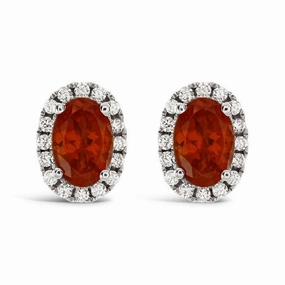 18ct White Gold Oval Mandarin Garnet & Diamond Halo Cluster Stud Earrings