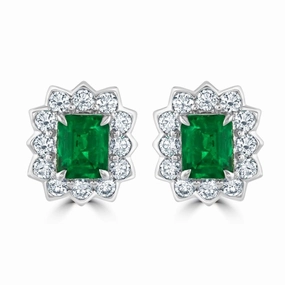 18ct White Gold Rectangular Cut Emerald & Diamond Halo Cluster Earrings