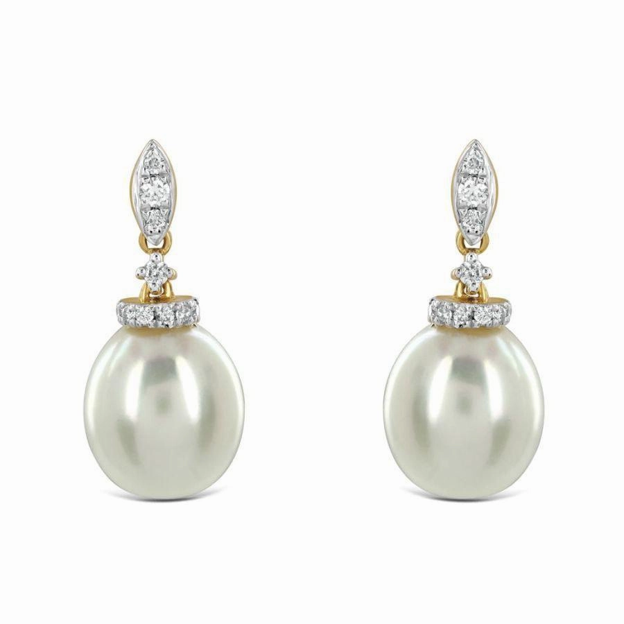18ct Yellow Gold Freshwater Pearl & Diamond Drop Earrings