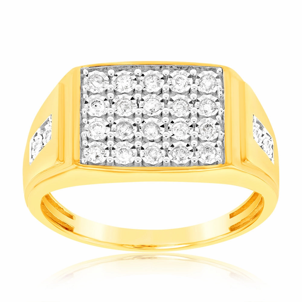 1/3 Carat Mens Ring Set with 24 Diamonds in 9ct Yellow Gold & Rhodium