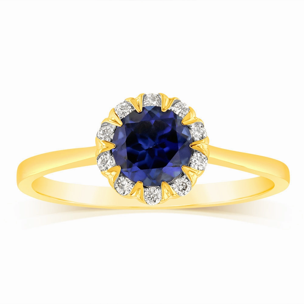 1 Carat Created Sapphire and Diamond Ring in 9ct Yellow Gold