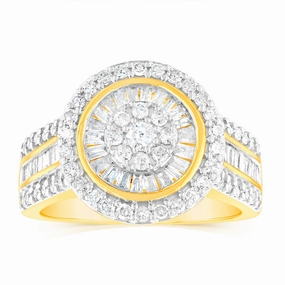 1 Carat Diamond Cluster Ring with Round Brilliant and Baguette Diamonds in 9ct Yellow Gold