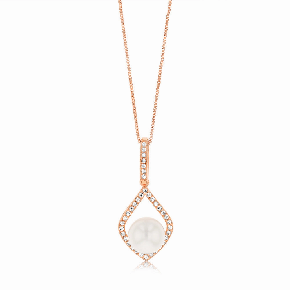 8-9mm Fresh Water Pearl   Created Sapphire Pendant on 45cm chain Silver Rose Gold