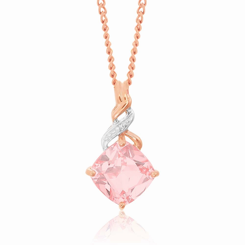 9ct Rose Gold Created Peach Sapphire and Diamond Cushion Cut Pendant