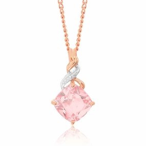 9ct Rose Gold Created Peach Sapphire and Diamond Cushion Cut Pendant
