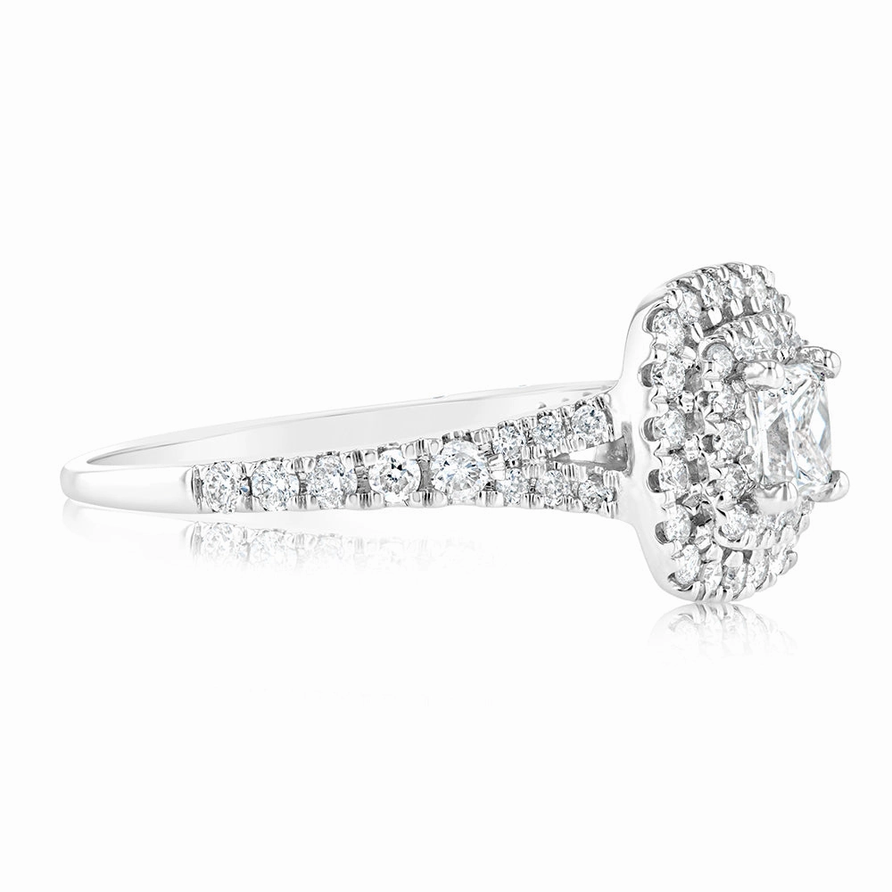 9ct White Gold 1 Carat Princess Diamond Solitaire Ring with Brilliant Halo and Sides