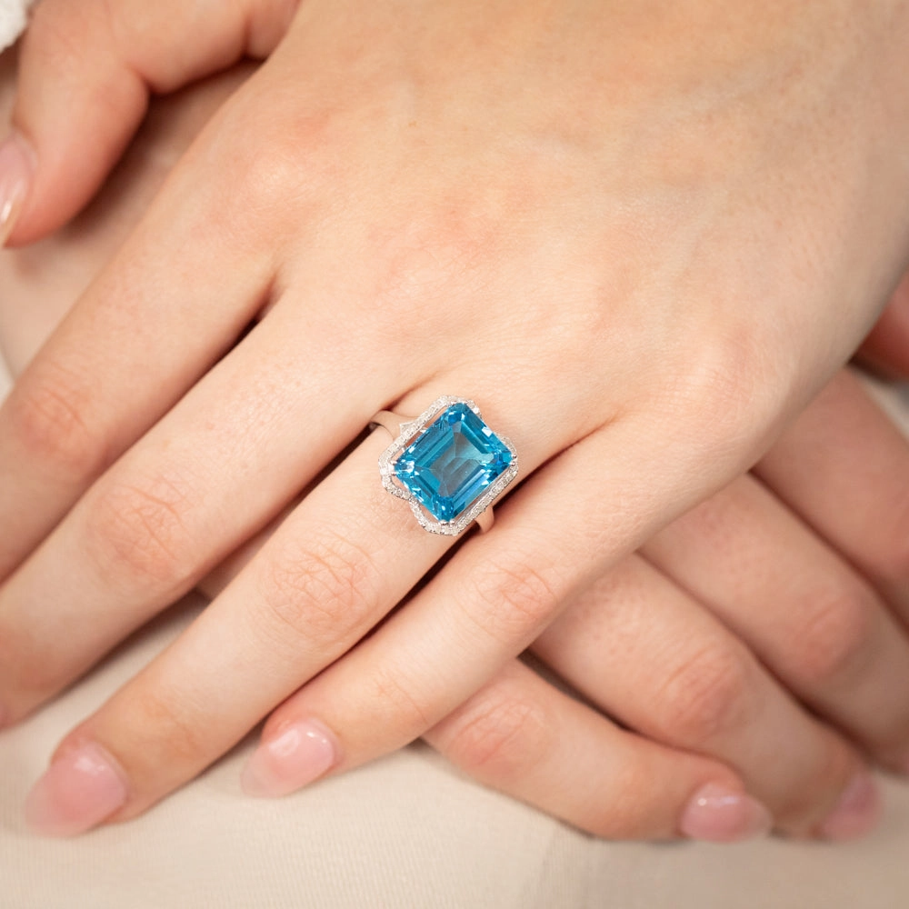 9ct White Gold Natural Blue Topaz And Diamond Ring