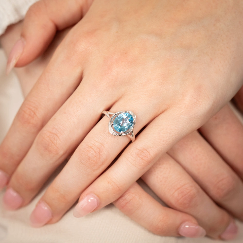 9ct White Gold Natural Blue Topaz And Diamond Ring